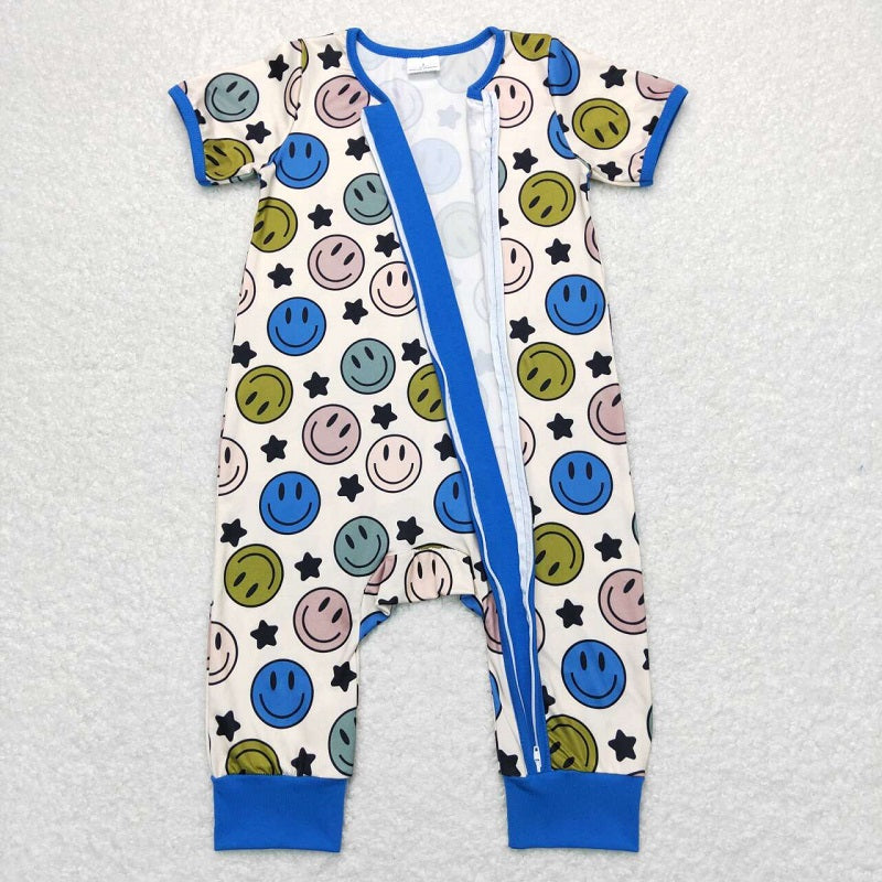 SR0944 Star beige blue zipper short-sleeved jumpsuit