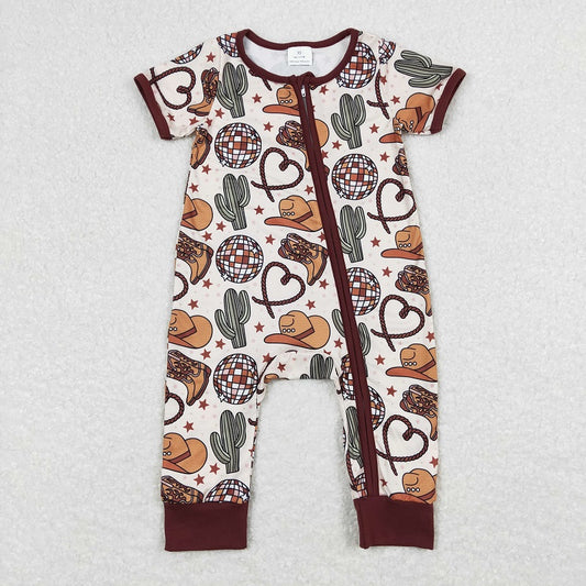 SR0973 Light Ball Cactus Hat Boots Star Brown Zip Short Sleeve Jumpsuit