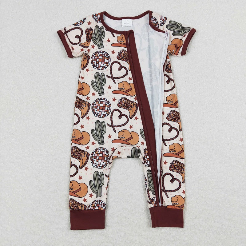 SR0973 Light Ball Cactus Hat Boots Star Brown Zip Short Sleeve Jumpsuit