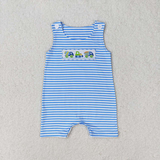 SR1005 Embroidered Engineering Vehicle Blue and White Striped Sleeveless Jumpsuit D 4.17