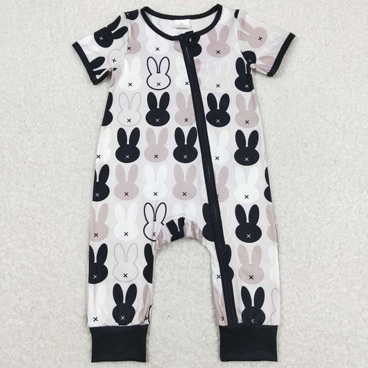 SR1012 Rabbit Brown Gray Zip Short Sleeve Jumpsuit