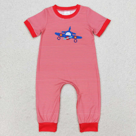 SR1043 Embroidered Airplane Red Stripe Short Sleeve Bodysuit