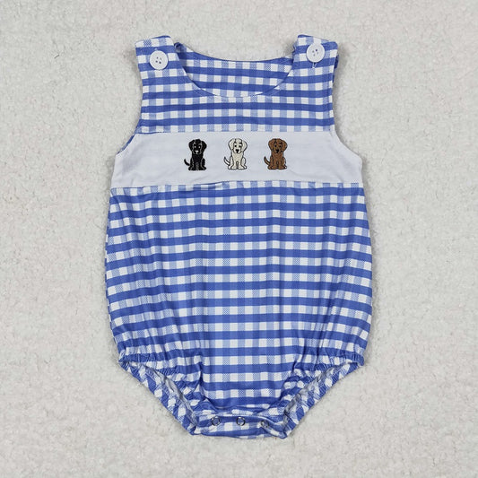 SR1048 Embroidered Three Puppies Blue and White Plaid Vest Jumpsuit