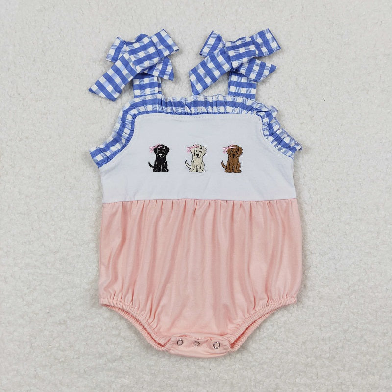 SR1053 Embroidered Three Bow Puppies Blue and White Plaid Pink Camisole Bodysuit