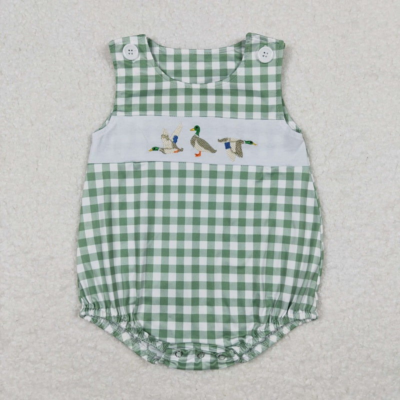 SR1066 Embroidered duck light green and white plaid vest jumpsuit