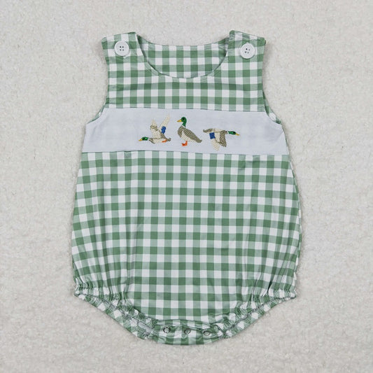 SR1066 Embroidered duck light green and white plaid vest jumpsuit