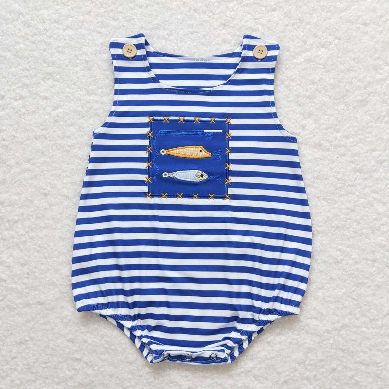 SR1074 Embroidered Fishing Blue and White Striped Vest Jumpsuit