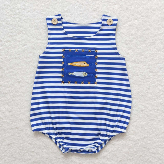 SR1074 Embroidered Fishing Blue and White Striped Vest Jumpsuit