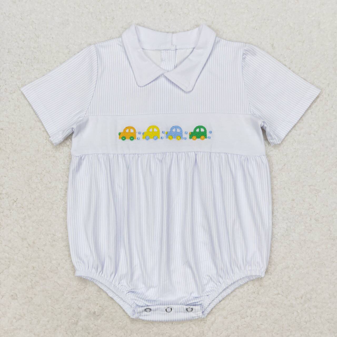 SR1077 Embroidered Car Blue Striped Collar Short Sleeve Bodysuit