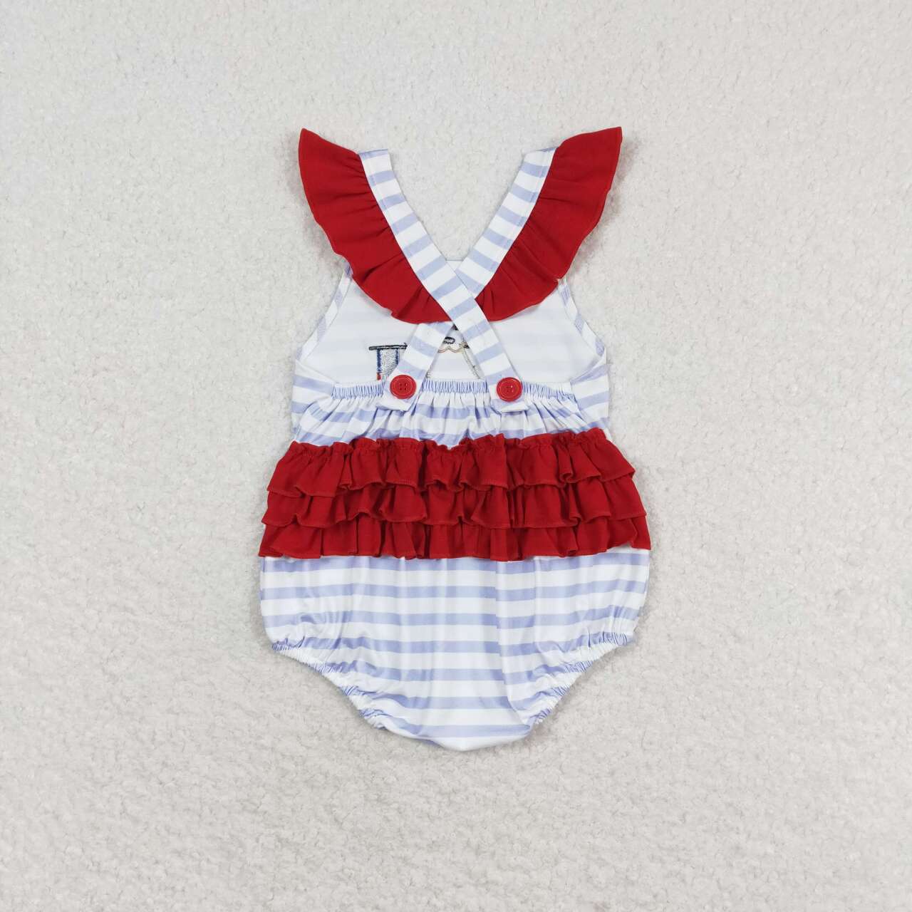 SR1081 Embroidered Puppy Flag Stripe Ruffle Bubble Romper