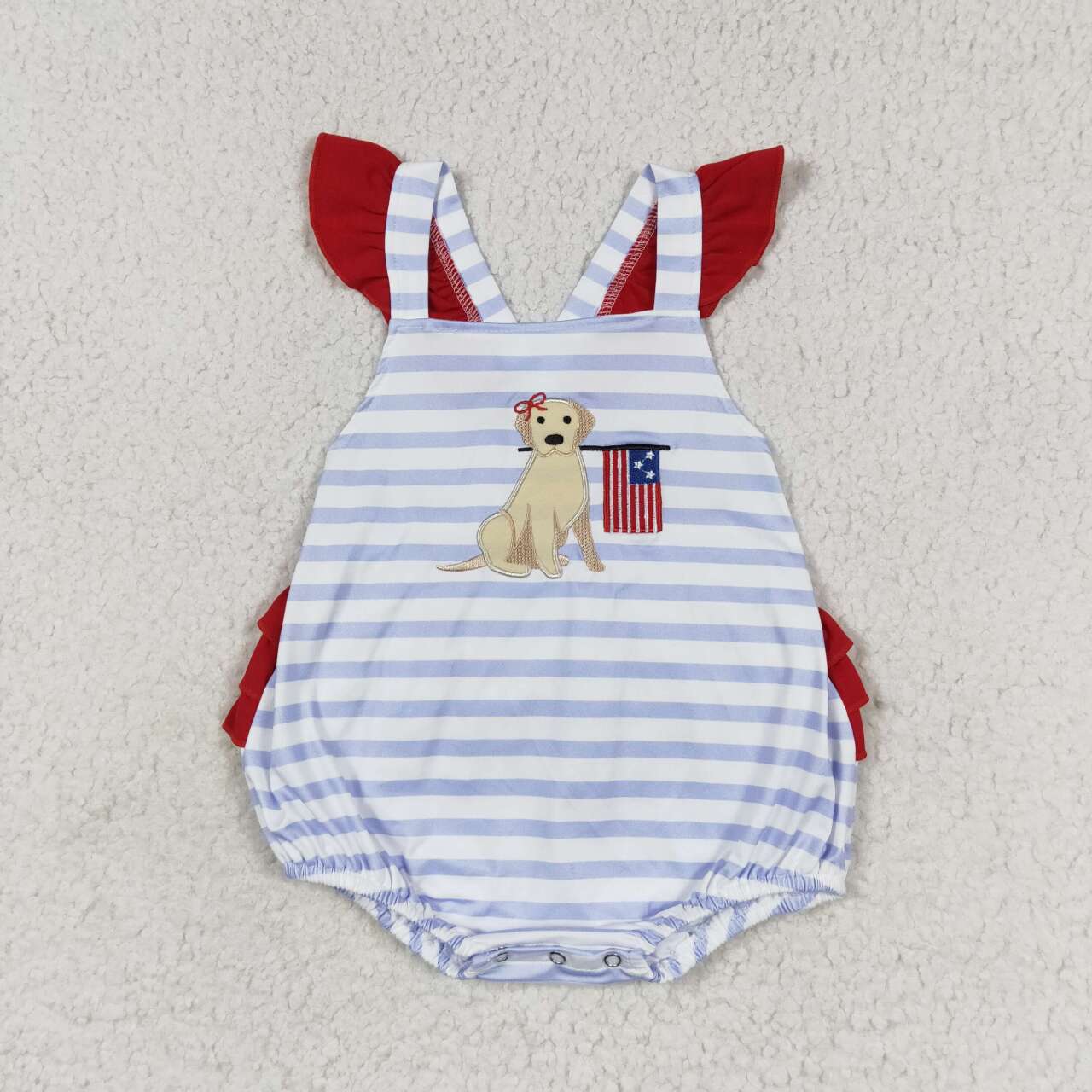 SR1081 Embroidered Puppy Flag Stripe Ruffle Bubble Romper