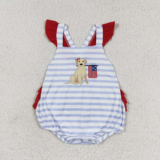 SR1081 Embroidered Puppy Flag Stripe Ruffle Bubble Romper
