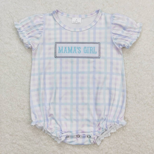 SR1091 mama's girl embroidered lettering colorful plaid lace short-sleeved jumpsuit