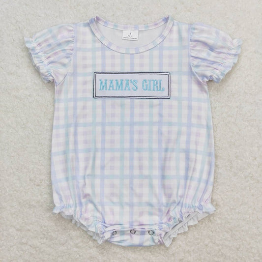 SR1091 mama's girl embroidered lettering colorful plaid lace short-sleeved jumpsuit