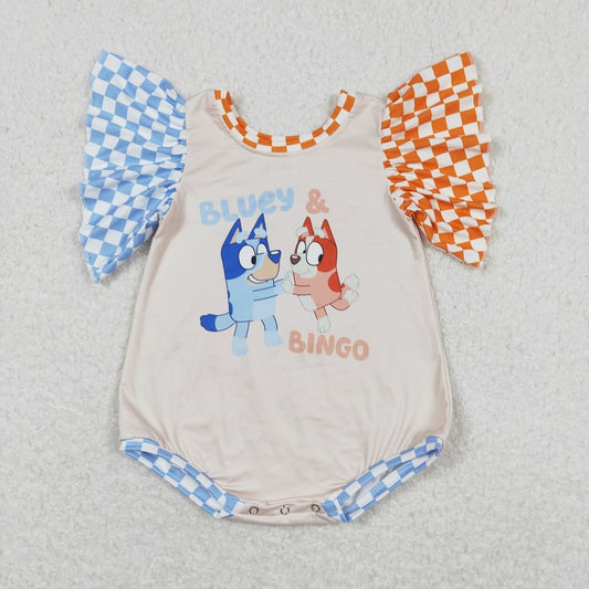 SR1098 Cartoon blue and orange plaid beige short-sleeved jumpsuit