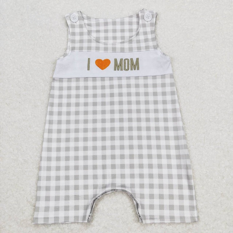 SR1132 I love mom embroidered green plaid sleeveless jumpsuit