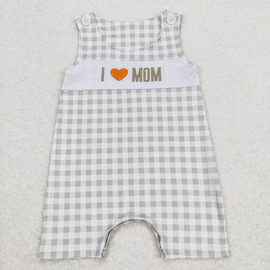 SR1132 I love mom embroidered green plaid sleeveless jumpsuit