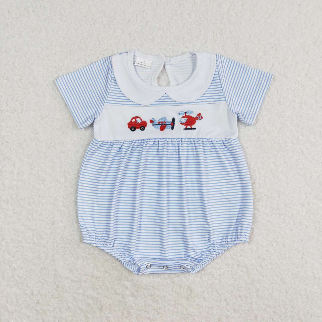 SR1152 Embroidery Car Plane Helicopter Blue Stripe Doll Collar Short Sleeve Jumpsuit