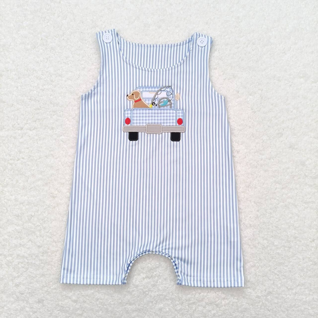 SR1170 Embroidered Fishing Puppy Truck Blue Stripe Sleeveless Jumpsuit