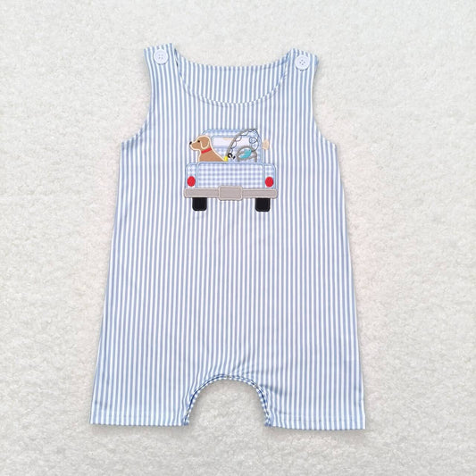 SR1170 Embroidered Fishing Puppy Truck Blue Stripe Sleeveless Jumpsuit