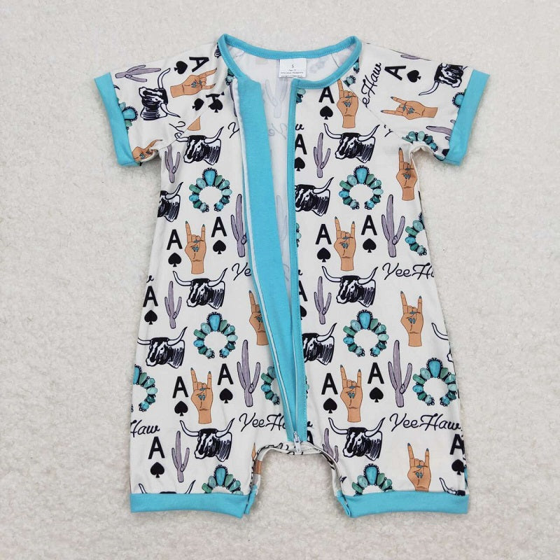 SR1200  Gemstone Ace of Spades Cactus Beige Zip Short Sleeve Jumpsuit
