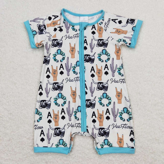 SR1200  Gemstone Ace of Spades Cactus Beige Zip Short Sleeve Jumpsuit