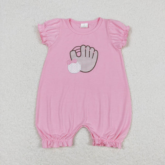 SR1213 Embroidered Bow Baseball Glove Pink Short Sleeve Jumpsuit