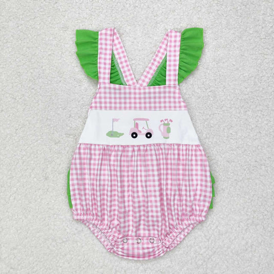SR1226 Golf Tour Cart Pink Plaid Green Lace Vest Bodysuit