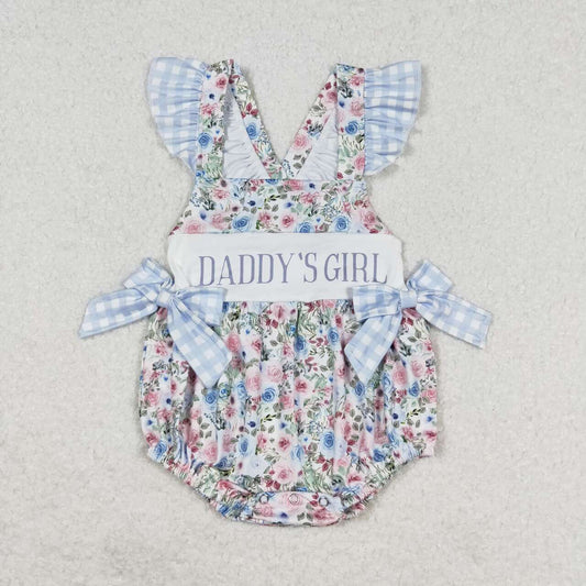 SR1240 daddy'girl letter flower blue and white plaid lace bow vest jumpsuit