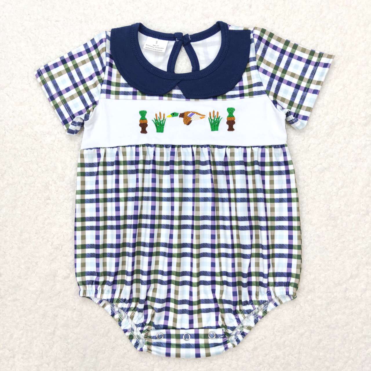 SR1242 Embroidered Bottle Duck Plaid Short Sleeve Bodysuit