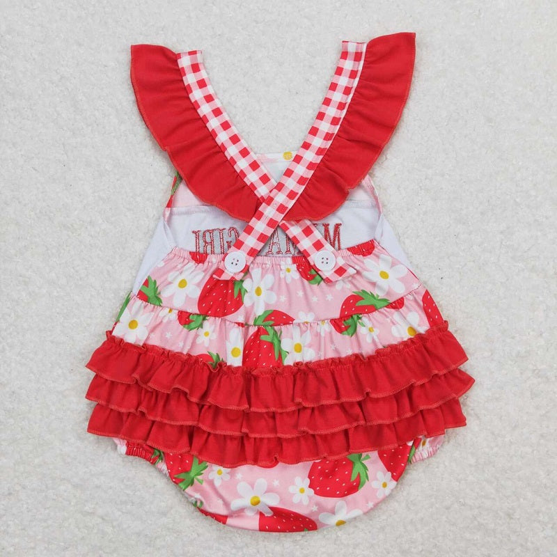SR1269 mama's girl embroidered letter flower strawberry flying sleeve vest jumpsuit