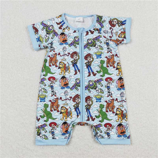 SR1274 Cartoon white cloud blue zipper short-sleeved jumpsuit