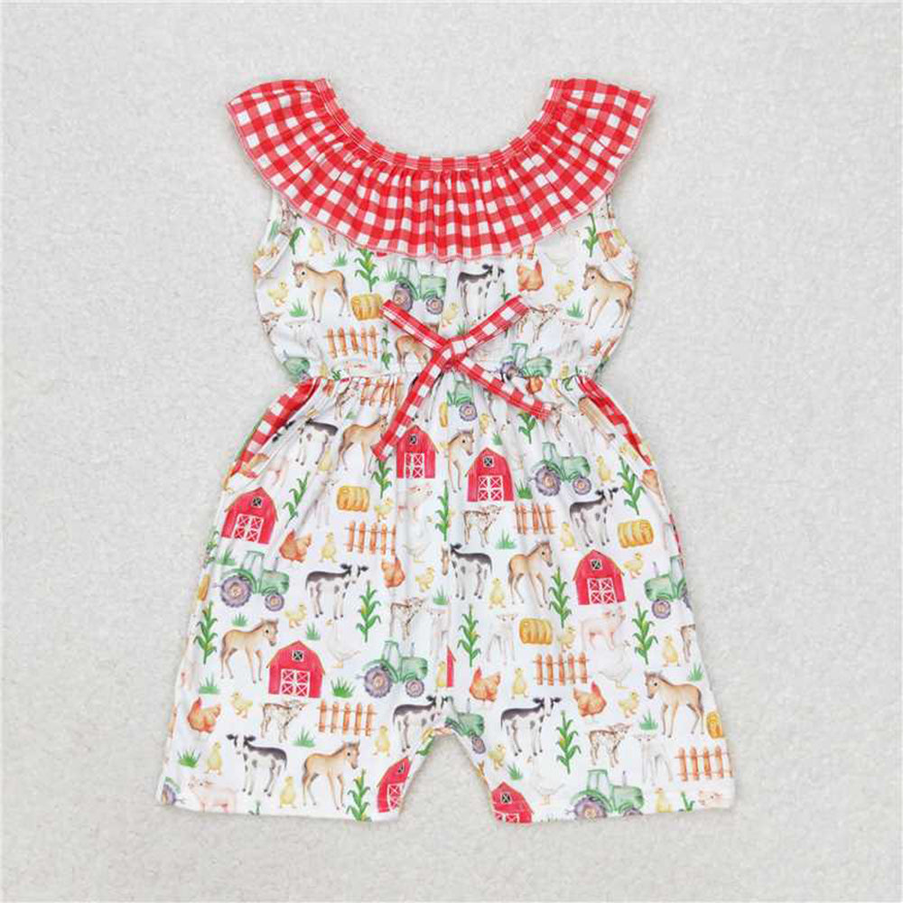 SR1301  Baby Girls Red Farm Checkered Summer Pockets Shorts Jumpsuits  D 3.21