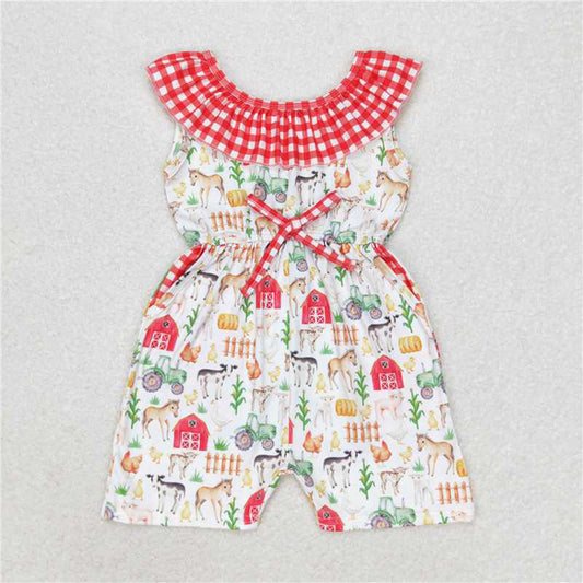 SR1301 Baby Girls Red Farm Checkered Summer Pockets Shorts Jumpsuits D 3.21