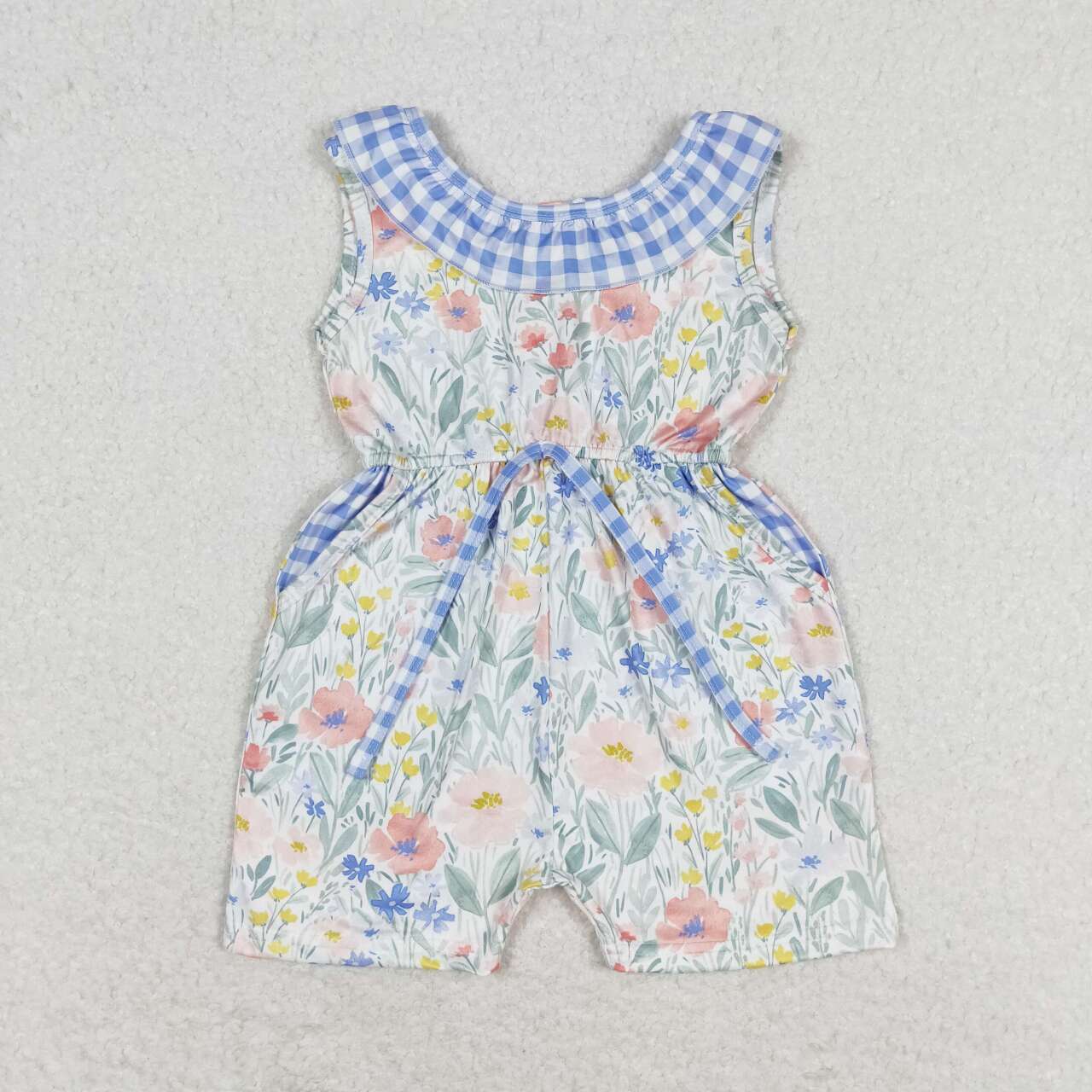 SR1343 Floral floral blue and white plaid lace sleeveless jumpsuit