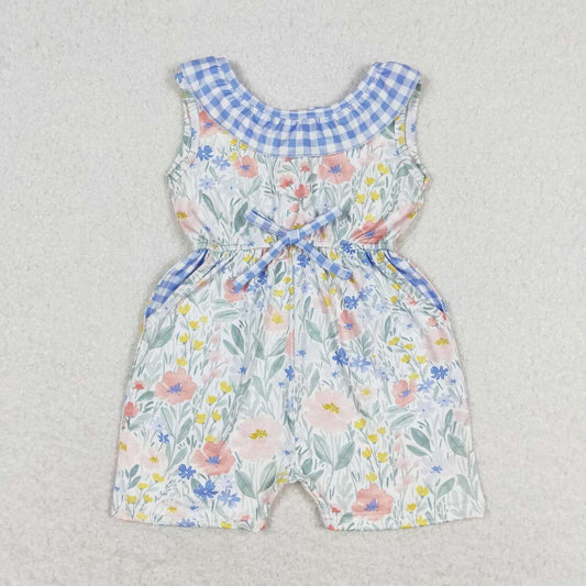 SR1343 Floral floral blue and white plaid lace sleeveless jumpsuit