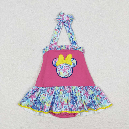 SR1346 Embroidered Bow cartoon Starfish Rose Red Camisole Jumpsuit