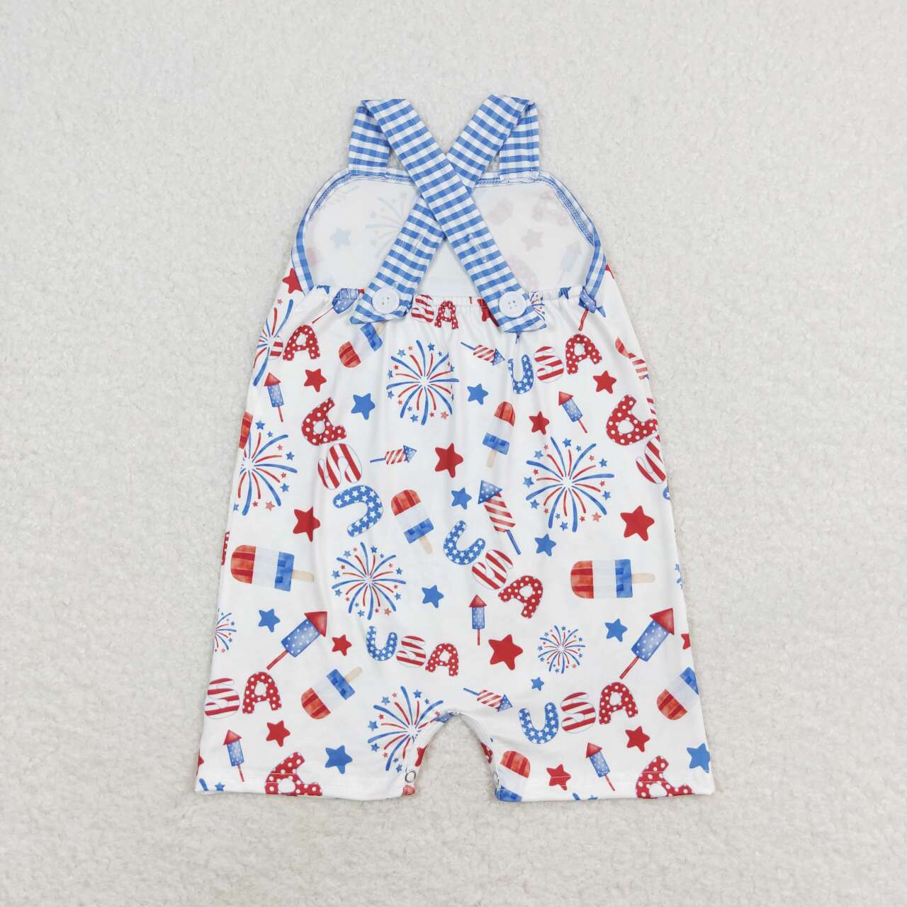 SR1366 Star Firework Blue and White Plaid Pocket Strap Romper
