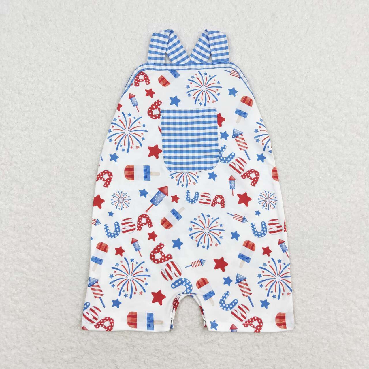 SR1366 Star Firework Blue and White Plaid Pocket Strap Romper