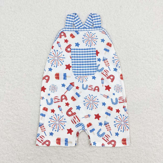 SR1366 Star Firework Blue and White Plaid Pocket Strap Romper