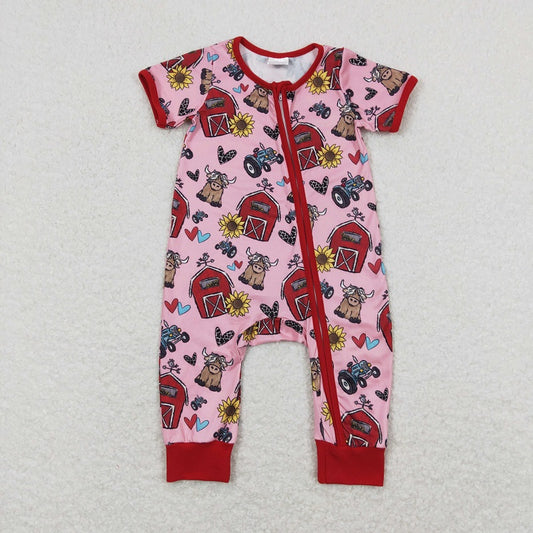 SR1368 Love Red House Cow Red Lace Pink Zipper Short Sleeve Jumpsuit