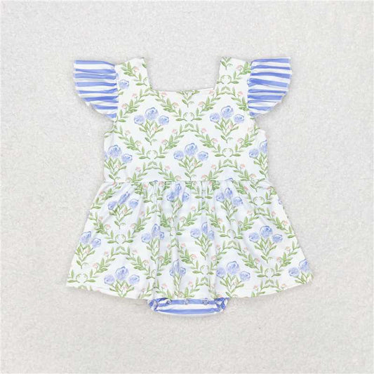 SR1371 Baby Girls Bouquet flowers blue striped flying sleeve vest jumpsuit D 3.31