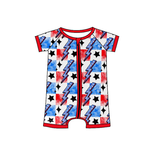 preorder SR1387 Newborn Boys July 4th Red Blue Checker Romper