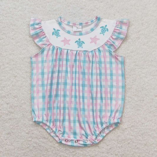 SR1412 Turtle Starfish Powder Blue Plaid Tank Top Bodysuit