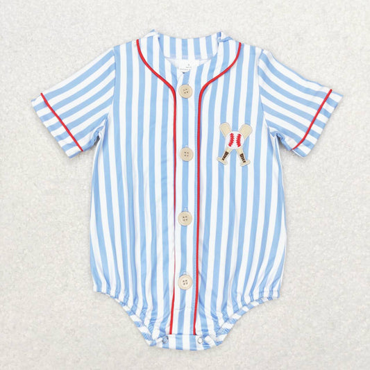 SR1459 Baseball Blue Striped Short Sleeve Jumpsuit