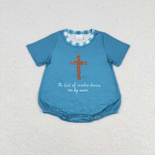 SR1529 Boys Cross Letter Teal Short Sleeve Jumpsuit