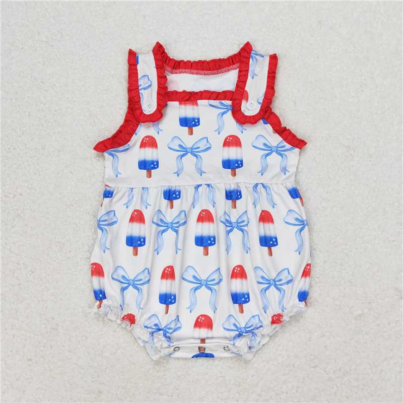 Match Popsicle Bows Print Top Ruffle Shorts Girls 4th of July Clothes Set Romper D 3.29