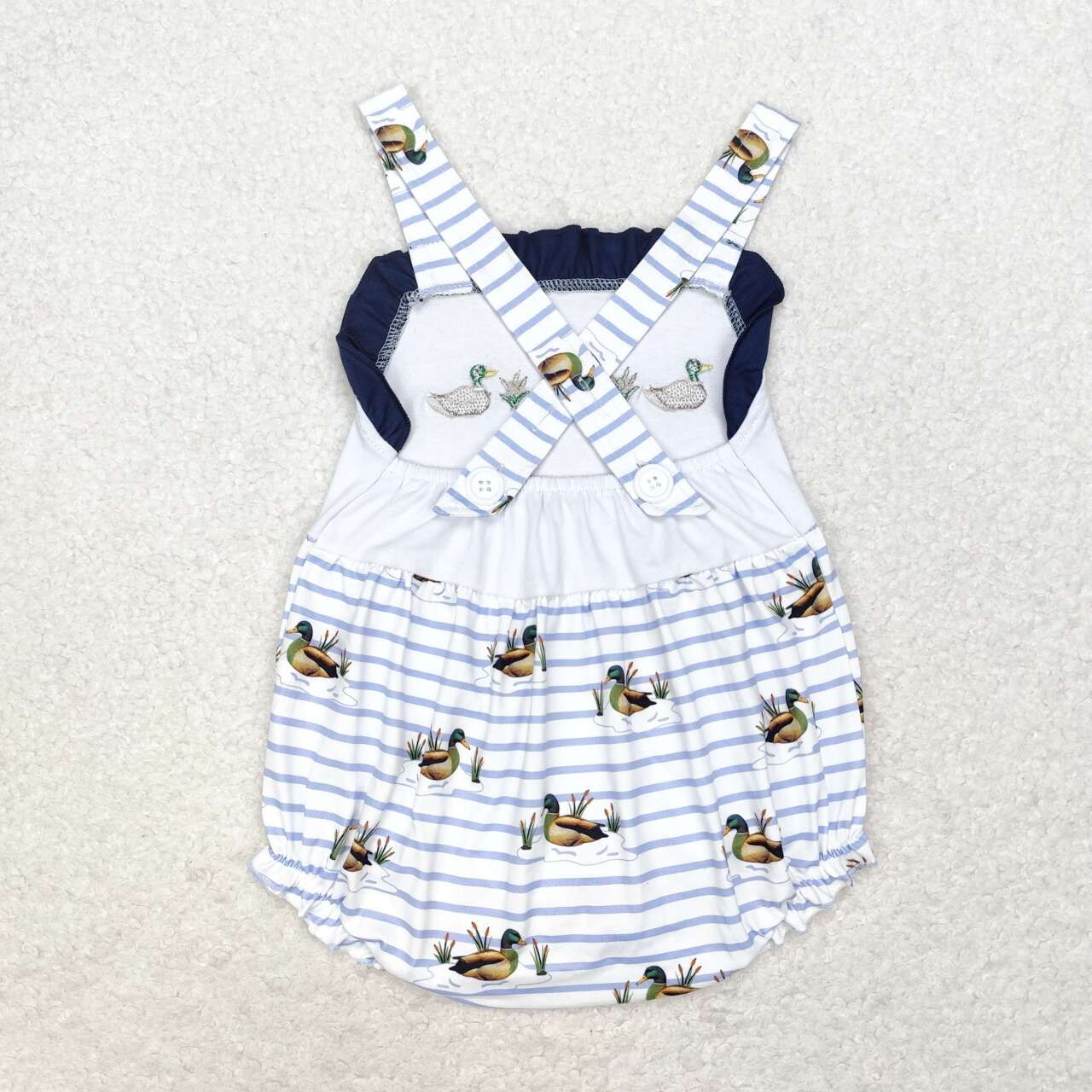 SR1584  Embroidered Three Ducks Navy Lace Striped Vest Bodysuit