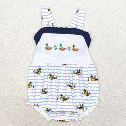 SR1584  Embroidered Three Ducks Navy Lace Striped Vest Bodysuit