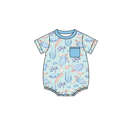 preorder SR1621 Turtle Seaweed Shell Blue Pocket Short Sleeve Jumpsuit
